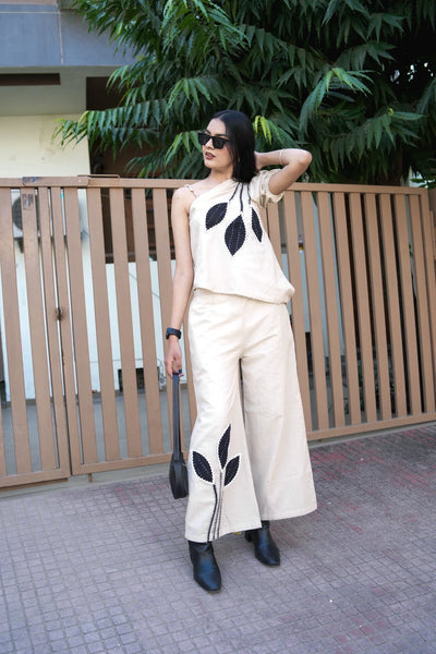 Ivory Leaf Print One-Shoulder Co-set for women