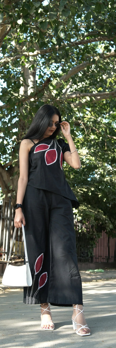 Black One Shoulder Cotton Cord Set