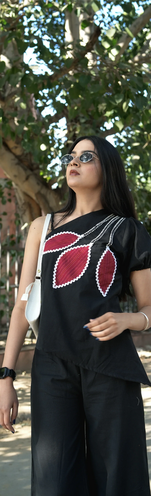 Black One Shoulder Cotton Cord Set