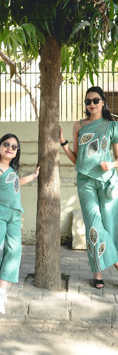 Sea Green Leaf Embroidered Co-ord Set For girls & women