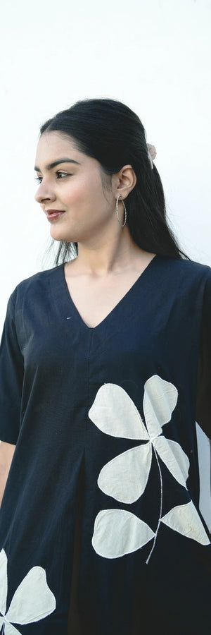 Black V-Neck Patch Work Kurti Set