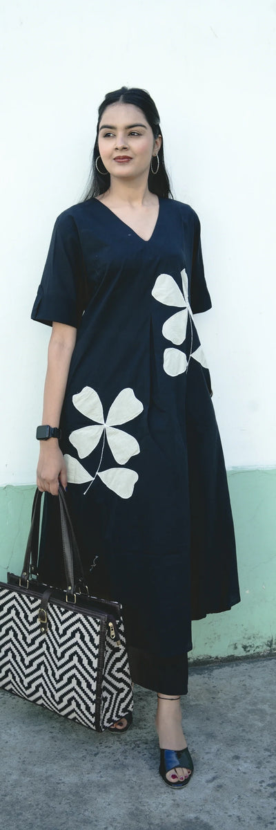 Black V-Neck Patch Work Kurti Set