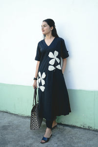 Black V-Neck Patch Work Kurti Set