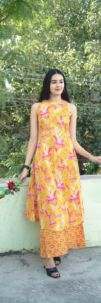 Yellow Floral Printed Sleeveles Kurti With Straight Pants For Women