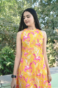 Yellow Floral Printed Sleeveles Kurti With Straight Pants For Women