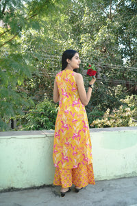 Yellow Floral Printed Sleeveles Kurti With Straight Pants For Women