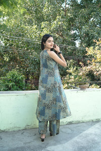 Teal Halter Neck Cotton Kurti Set