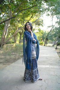 Elegant Blue Floral Printed Kurti Set With Dupatta