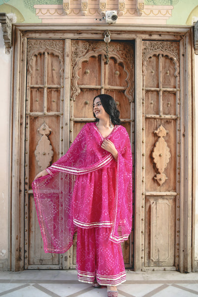 chiffon  Pink Bandhani Kurti Set With Flared Pants & Dupatta