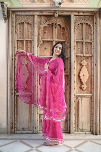 chiffon  Pink Bandhani Kurti Set With Flared Pants & Dupatta