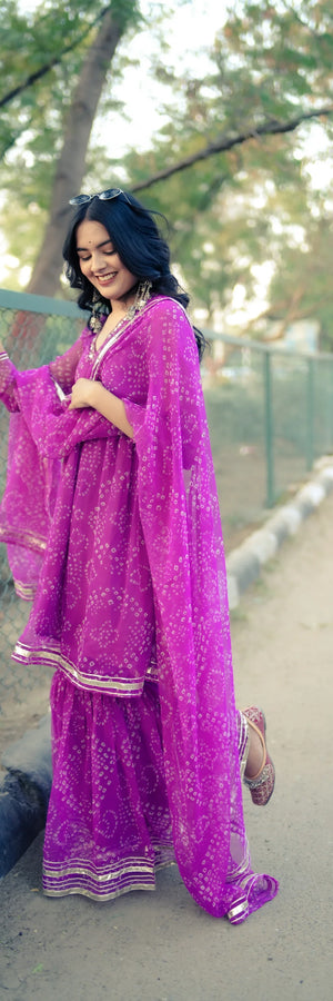 Royal Purple Bandhani Kurti Set With Flared Palazoo & Dupatta