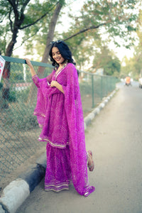 Royal Purple Bandhani Kurti Set With Flared Palazoo & Dupatta