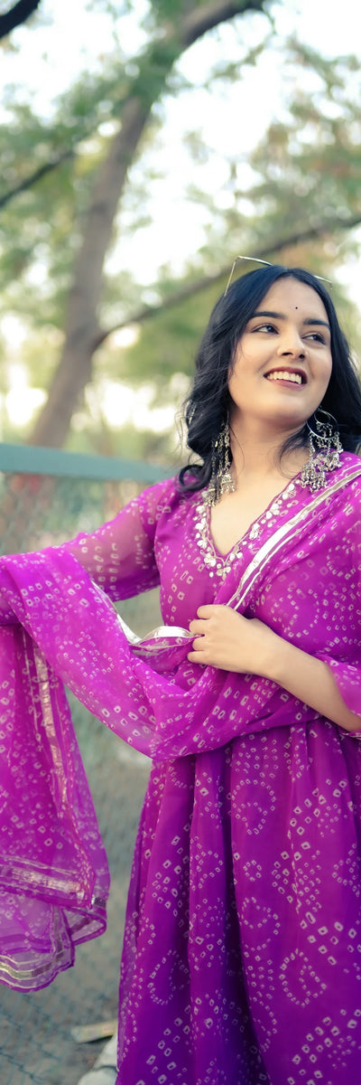 Royal Purple Bandhani Kurti Set With Flared Palazoo & Dupatta