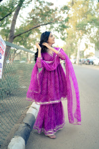 Royal Purple Bandhani Kurti Set With Flared Palazoo & Dupatta
