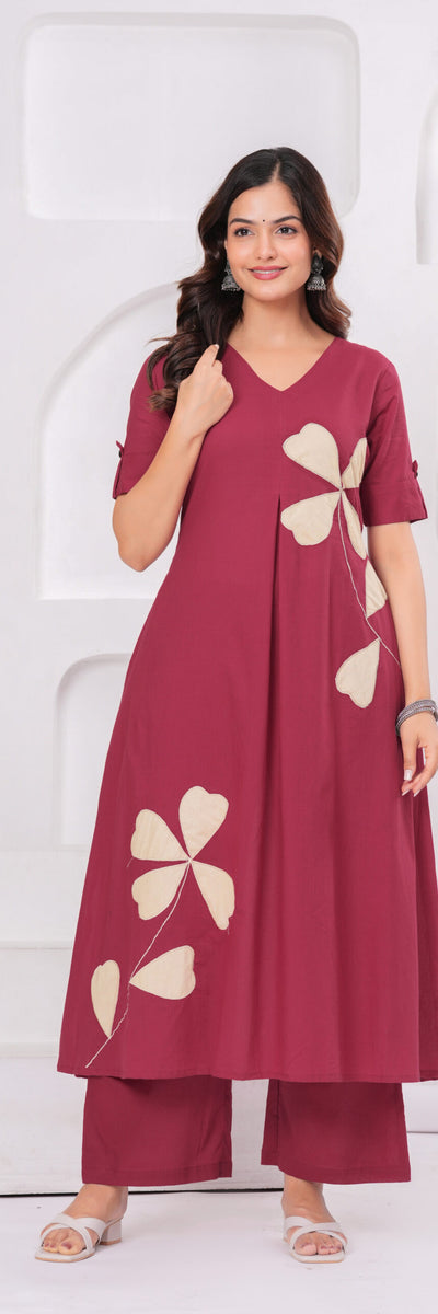 Maroon Clover Petal A-Line Kurta Set
