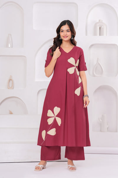 Maroon Clover Petal A-Line Kurta Set