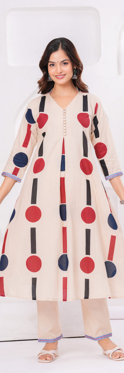 Beige Geo Pop Kurta Pant Set – Modern Minimalist Chic