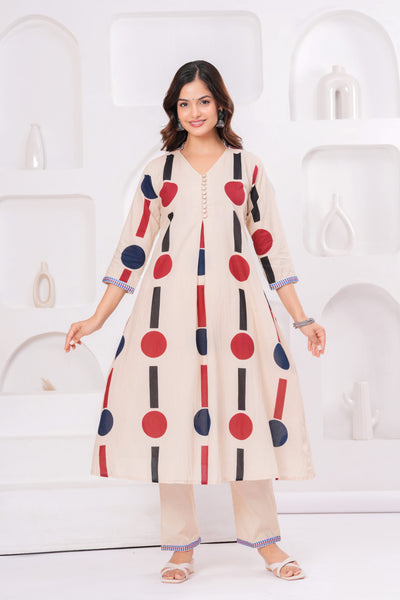 Beige Geo Pop Kurta Pant Set – Modern Minimalist Chic