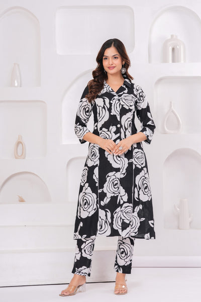 Black & White Rose Bloom Kurta Pant Set – DhagaTales