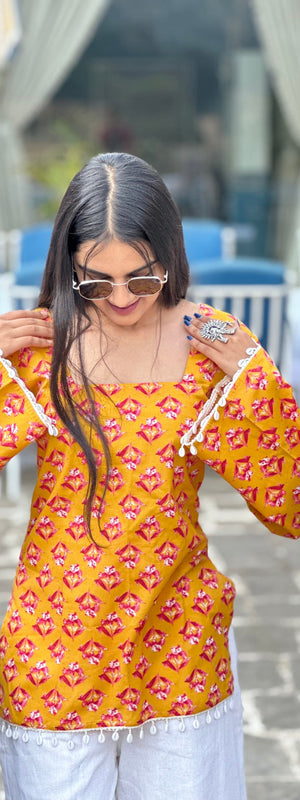 Mustard Buti Cotton Kurti – Back Dori