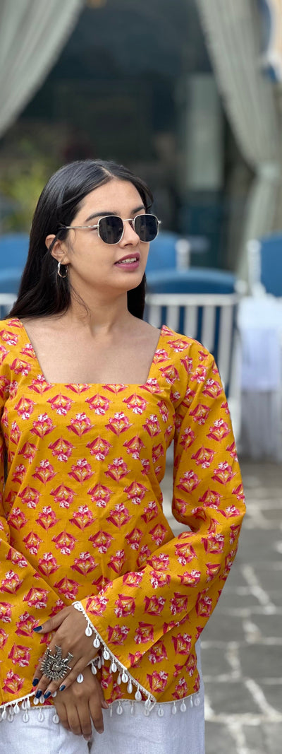 Mustard Buti Cotton Kurti – Back Dori