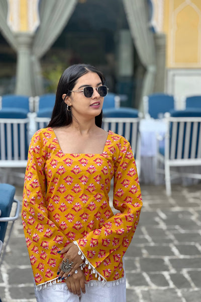 Mustard Buti Cotton Kurti – Back Dori