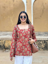 Deep Red Floral Cotton Kurti – Back Dori