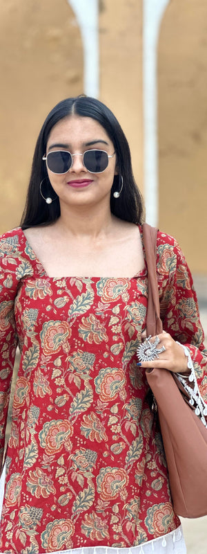 Deep Red Floral Cotton Kurti – Back Dori