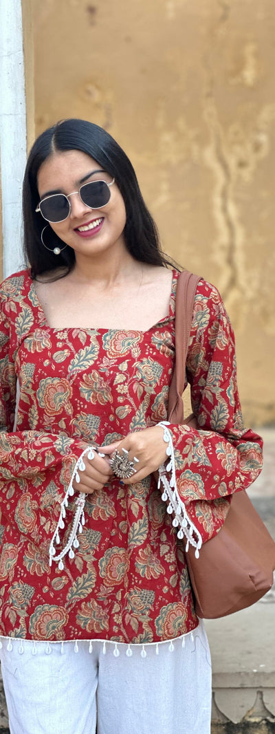 Deep Red Floral Cotton Kurti – Back Dori