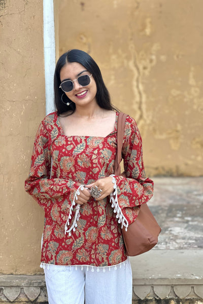 Deep Red Floral Cotton Kurti – Back Dori