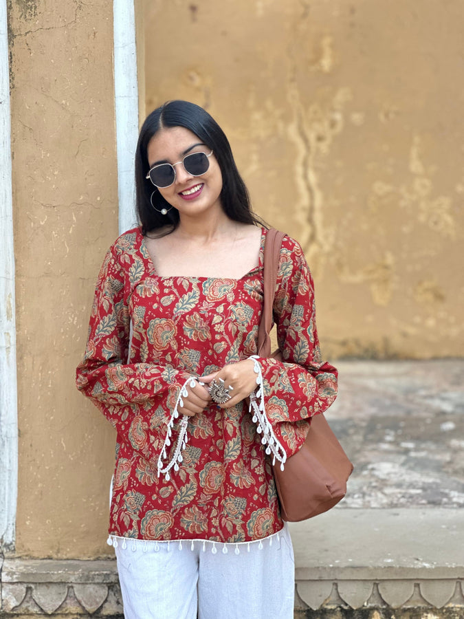 Deep Red Floral Cotton Kurti – Back Dori