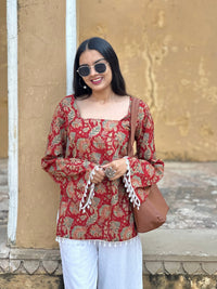 Deep Red Floral Cotton Kurti – Back Dori