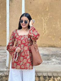Deep Red Floral Cotton Kurti – Back Dori