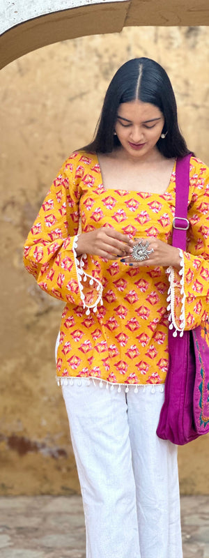 Golden Bloom Floral Cotton Kurti – Back Dori