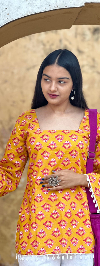 Golden Bloom Floral Cotton Kurti – Back Dori