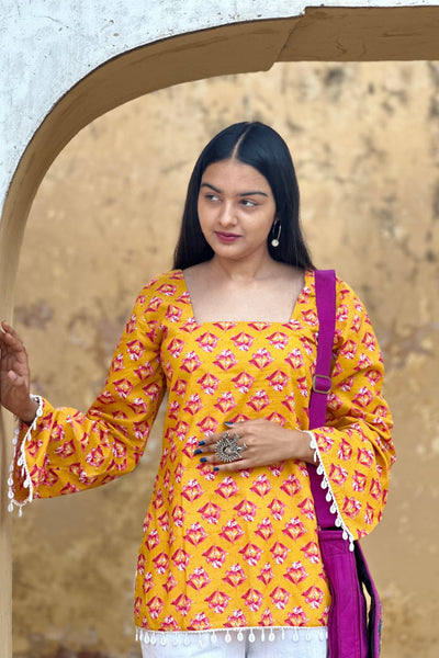 Golden Bloom Floral Cotton Kurti – Back Dori