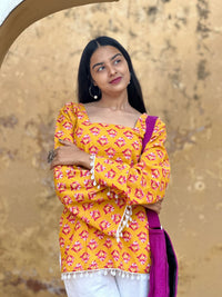 Golden Bloom Floral Cotton Kurti – Back Dori