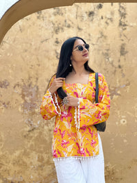 Yellow Pink Floral Cotton Kurti – Back Dori
