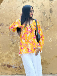 Yellow Pink Floral Cotton Kurti – Back Dori