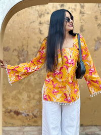 Yellow Pink Floral Cotton Kurti – Back Dori