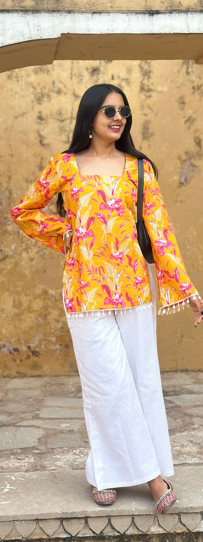 Yellow Pink Floral Cotton Kurti – Back Dori
