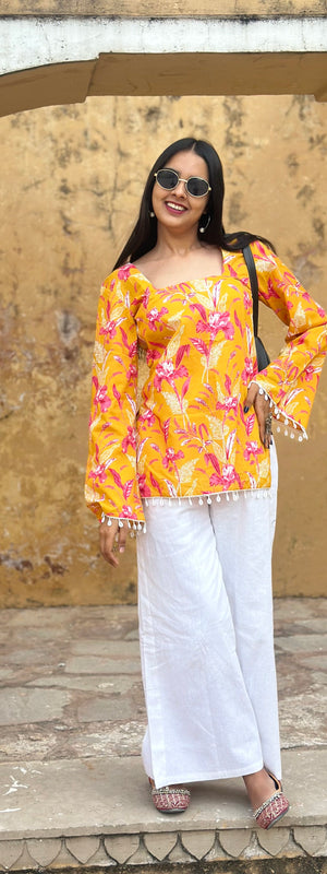 Yellow Pink Floral Cotton Kurti – Back Dori