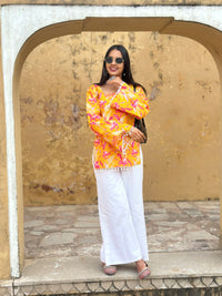 Yellow Pink Floral Cotton Kurti – Back Dori