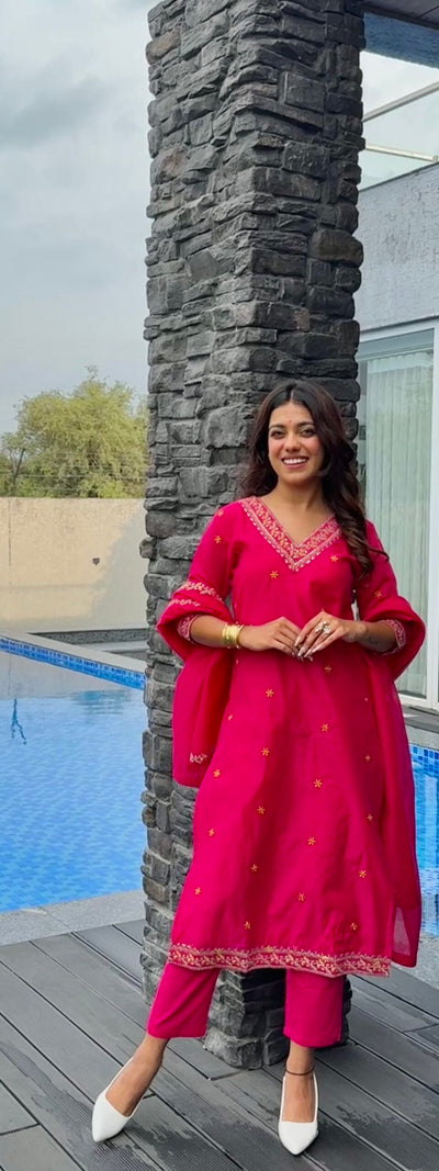 Fuchsia Pink Embroidered Kurta Set with Dupatta