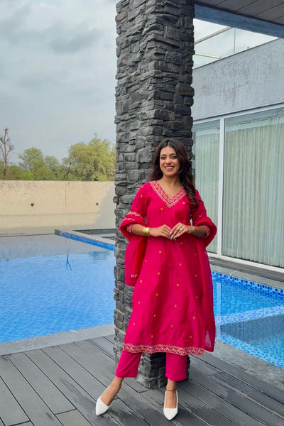 Fuchsia Pink Embroidered Kurta Set with Dupatta