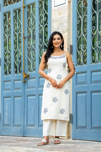 Embroidered Floral Co-Ord Set in Off-White & Black