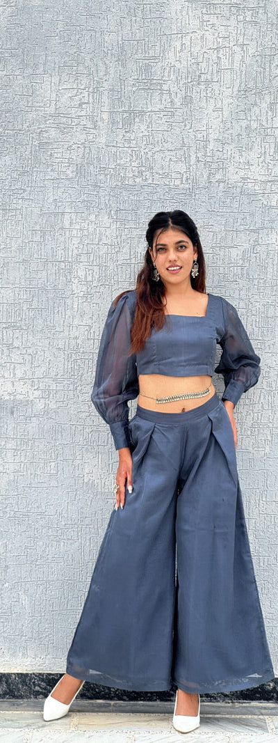 Charcoal Grey Organza Sleeve Co-Ord Set with Wide-Leg Pleated Pants