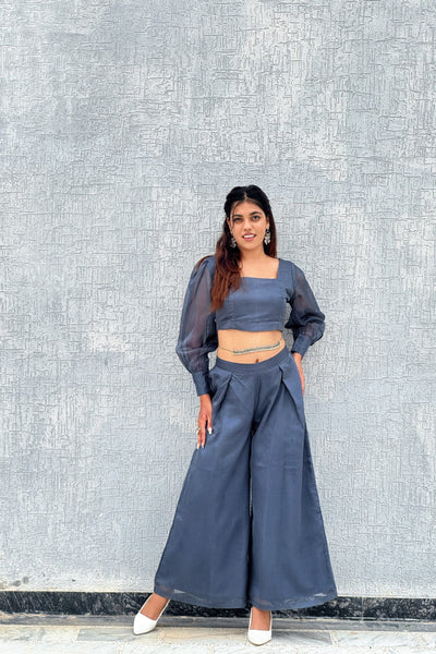 Charcoal Grey Organza Sleeve Co-Ord Set with Wide-Leg Pleated Pants
