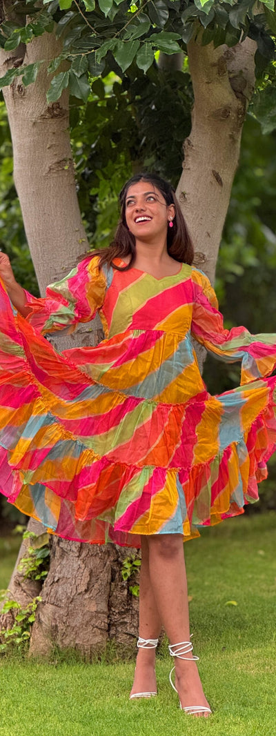 Multicolor Flared Bohemian Dress with Layered Ruffles & Puff Sleeves