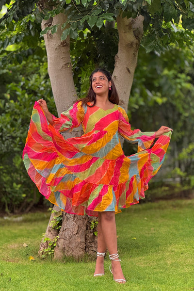 Multicolor Flared Bohemian Dress with Layered Ruffles & Puff Sleeves